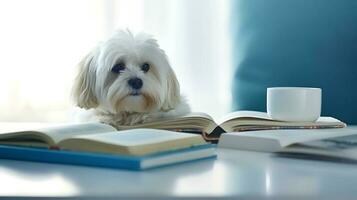 un lhasa apso perro en un suéter se sienta estudiando acompañado por un taza y pila de algo de libros foto