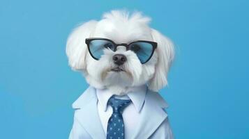 Photo of haughty Maltese dog using glasses  and office suit on white background. Generative AI