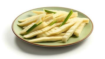 Photo of Bamboo shoots sliced pieces isolated on white background