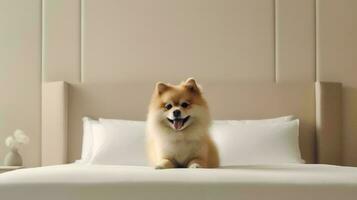 Pomeranian dog lying on bed in hotel with contemporary interior design. Generative AI photo