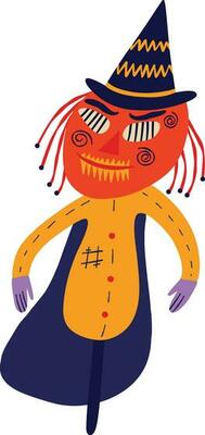 Funny Garden Scarecrow for Halloween. Strange ugly Halloween character. Cute bizarre comic characters in modern flat hand drawn style