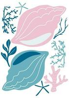 Handdrawn poster with seashells, seaweeds and starfish. Elegant design in blue and pink colors. vector