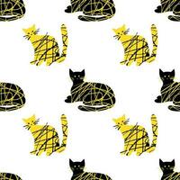 Seamless pattern with textured cute cat illustration black and yellow color on white background vector