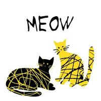 Textured cute cats illustration yellow and black color with text Meow isolated on white vector