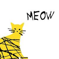 Textured cute cat illustration yellow and black color with text Meow isolated on white vector