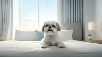 Shih tzu dog lying on bed in hotel with contemporary interior design. Generative AI photo