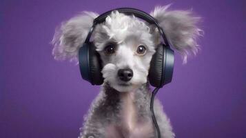 foto de caniche perro utilizando auricular en púrpura antecedentes. generativo ai