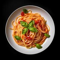 comida fotografía de espaguetis en plato aislado en negro antecedentes. generativo ai foto