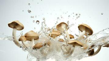 Photo of Mushrooms with splash water isolated on white background
