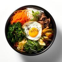 Photo of Bibimbap on dark bowl isolated on white background. Created by Generative AI