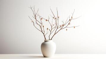 Photo of dry twigs in minimalist pot as houseplant for home decoration isolated on white background. Generative AI