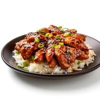 Food photography of Teriyaki Chicken on plate isolated on white background. Generative AI photo