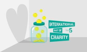 International Day of Charity greeting with money jar showing love shadow vector