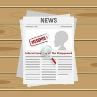 International Day of the Disappeared greetings with newspaper and magnifier on the table vector