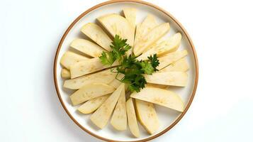 Photo of Parsnips sliced pieces on minimalist plate isolated on white background