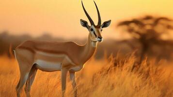 Photo of Grants Gazelle on savanna at sunset. Generative AI