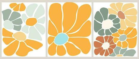 A set of abstract posters with flowers. Contemporary daisies with simple petals. Summer natural print. Vector graphics.