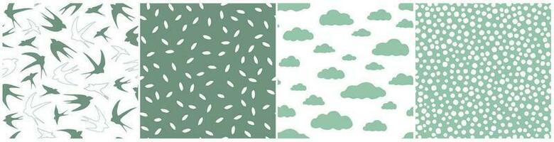 A set of seamless patterns with silhouettes of birds, swallows, clouds, abstract simple shapes. Vector graphics.