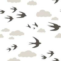 Seamless pattern with silhouettes of birds, swallows, clouds, abstract simple shapes. Vector graphics.