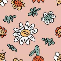 Hand drawn seamless pattern with doodle flowers and bees. Summer print for tee, paper, textile and fabric. vector