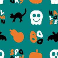 Happy halloween seamless pattern with pumpkins, cats and skeletons. Perfect print for paper, stationery. vector