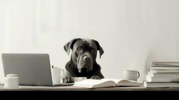 un Rottweiler perro en un suéter se sienta estudiando acompañado por un taza y pila de algo de libros. generativo ai foto