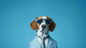 foto de arrogante beagle utilizando Gafas de sol y oficina traje en blanco antecedentes. generativo ai