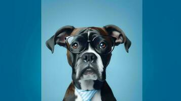 Boxer dog using glasses on blue background. Generative AI photo