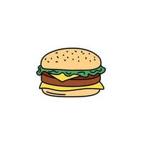 Cheeseburger vector doodle element isolated. Outline illustration of traditional fast food meal. Hand drawn cute colorful doodles