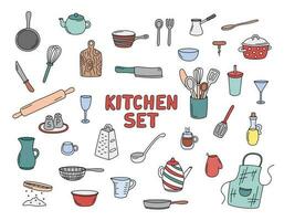 Kitchen doodles vector set of isolated elements. Cute doodle illustrations collection of cooking utensils. Hand drawn kitchenware for home. Colorful outline dishes, cutlery, cookware