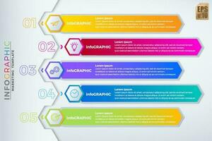 Infographic VECTOR business design hexagon icons colorful template. 5 options or steps isolated minimal style. You can used for Marketing process, workflow presentations layout, flow chart, print ad.