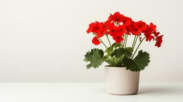 Photo of Geranium in minimalist pot as houseplant for home decoration isolated on white background. Generative AI