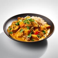 Photo of Curry on plate isolated on white background. Created by Generative AI