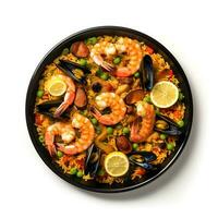 Food photography of Paella on plate isolated on white background. Generative AI photo