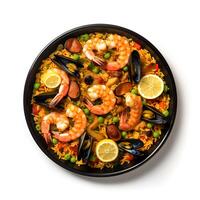 Food photography of Paella on plate isolated on white background. photo