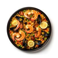 Food photography of Paella on plate isolated on white background. Generative AI photo