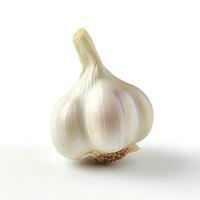Photo of Garlic on wooden board isolated on white background