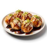 Food photography of takoyaki on plate isolated on white background. photo