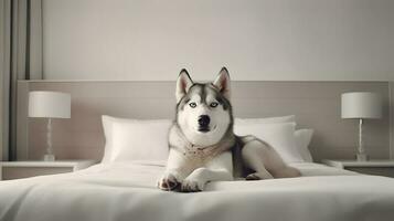 siberiano fornido perro acostado en cama en hotel con contemporáneo interior diseño. generativo ai foto