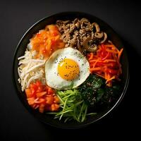 Photo of Bibimbap on dark bowl isolated on black background. Created by Generative AI