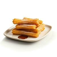 Photo of Churros on plate isolated on white background. Created by Generative AI