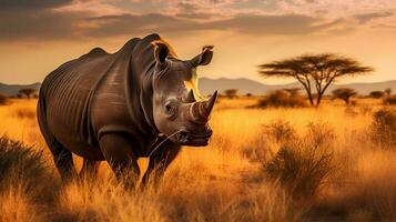 Photo of Rhinoceros on savanna at sunset. Generative AI
