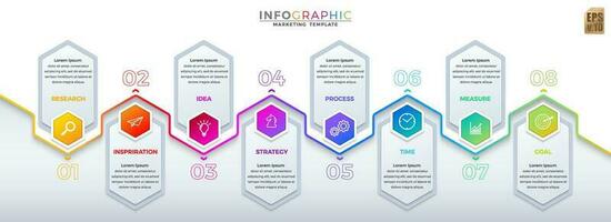 Infographic business design hexagon icons 8 options isolated colorful vertical banner template vector. You can used for Marketing process, workflow presentations layout, flow chart, Development plan. vector