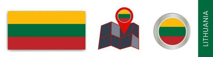 Collection of isolated national flags of Lithuania in official colors and map icons of Lithuania with country flags. vector