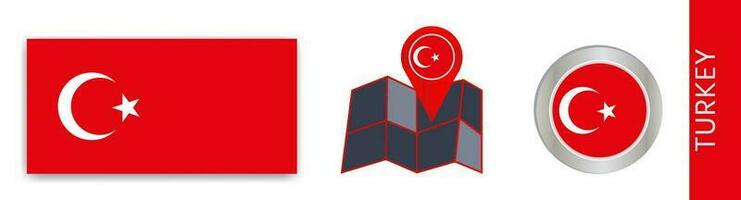 Collection of Turkish national flags isolated in official colors and map icons of Turkey with country flags. vector