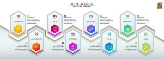 Infographic VECTOR business design hexagon icons colorful template. 8 options or steps isolated minimal style. You can used for Marketing process, workflow presentations layout, flow chart, print ad.