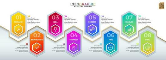 infografía vector negocio diseño hexágono íconos vistoso modelo. 8 opciones o pasos aislado mínimo estilo. usted lata usado para márketing proceso, flujo de trabajo presentaciones disposición, fluir cuadro, impresión anuncio.