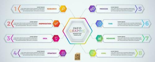 infografía vector negocio diseño hexágono íconos vistoso modelo. 8 opciones o pasos aislado mínimo estilo. usted lata usado para márketing proceso, flujo de trabajo presentaciones disposición, fluir cuadro, impresión anuncio.