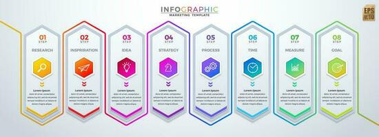 Infographic VECTOR business design hexagon icons colorful template. 8 options or steps isolated minimal style. You can used for Marketing process, workflow presentations layout, flow chart, print ad.