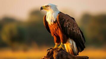 Photo of African Fish Eagle on savanna at sunset. Generative AI